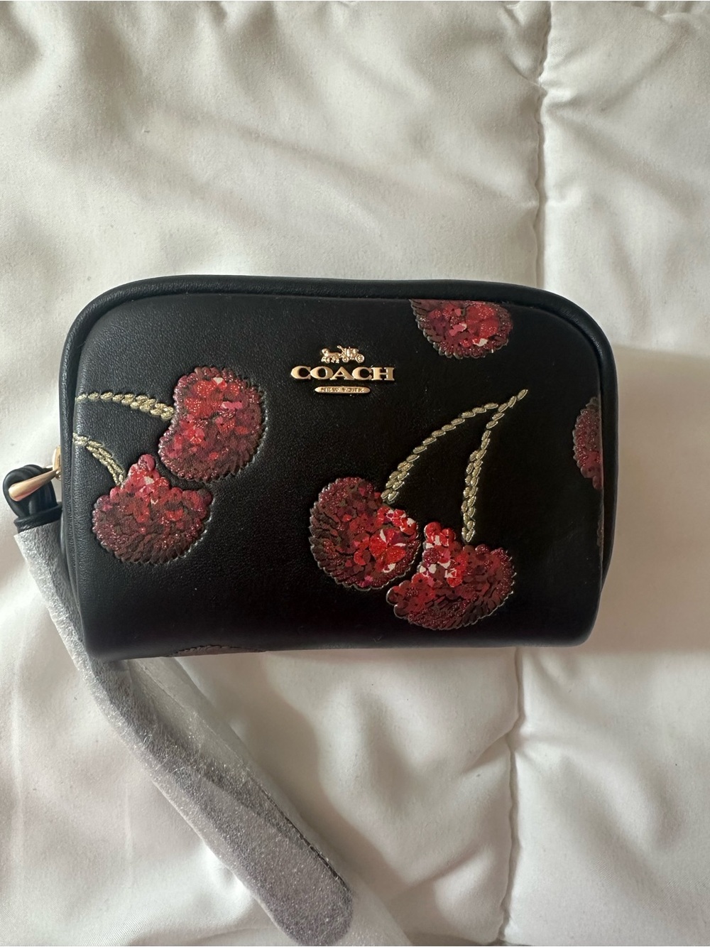 COACH Black Leather Wristlet with Red Sequin cherries pouch